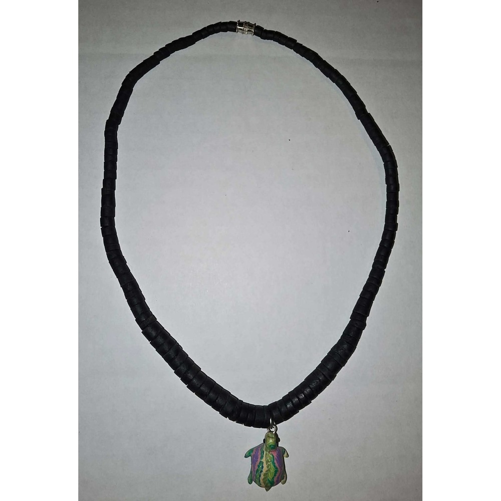 Handmade Turtle Pendant Necklace Black Disc Beads Multi Color Sea Turtle 18 Inch